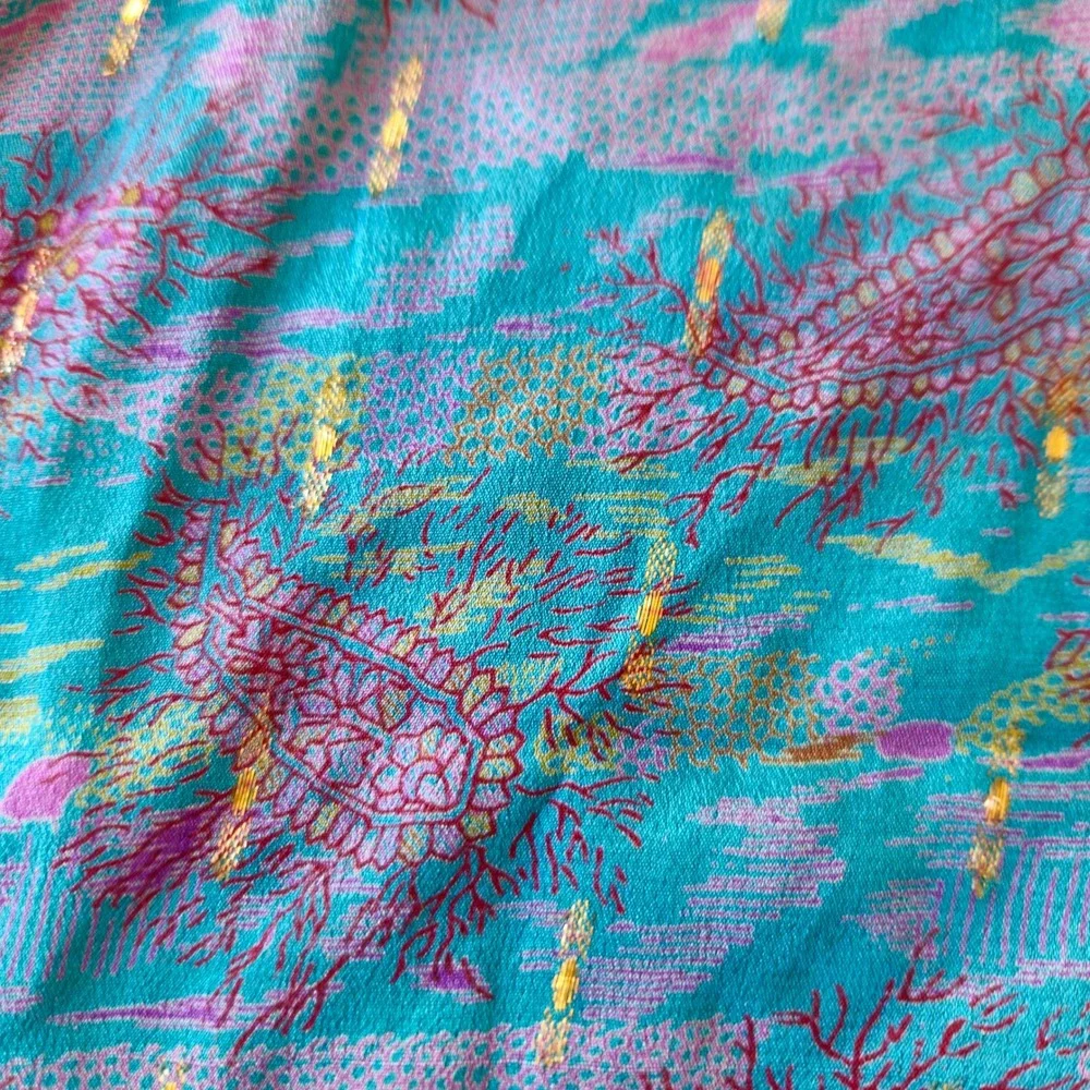 Vintage Silk Paisley Scarf Turquoise Purple Gold Metallic 35x34 Luxury Old Money
